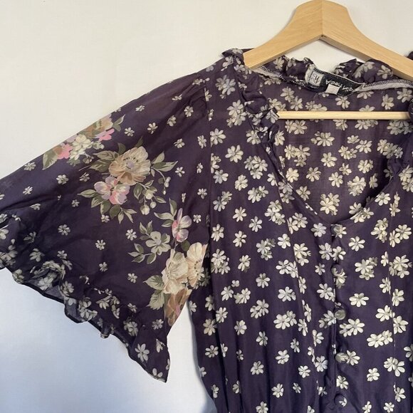 Albert Nipon Floral Print Ruffle Sleeve Button Front Dress Size 6 Purple Tan - Picture 2 of 10